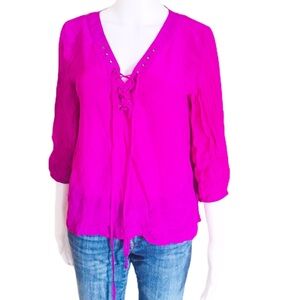 ARYN K (Anthropologie) Lace Up Blouse With 3/4 Length Sleeves Fuschia Pink Sz M